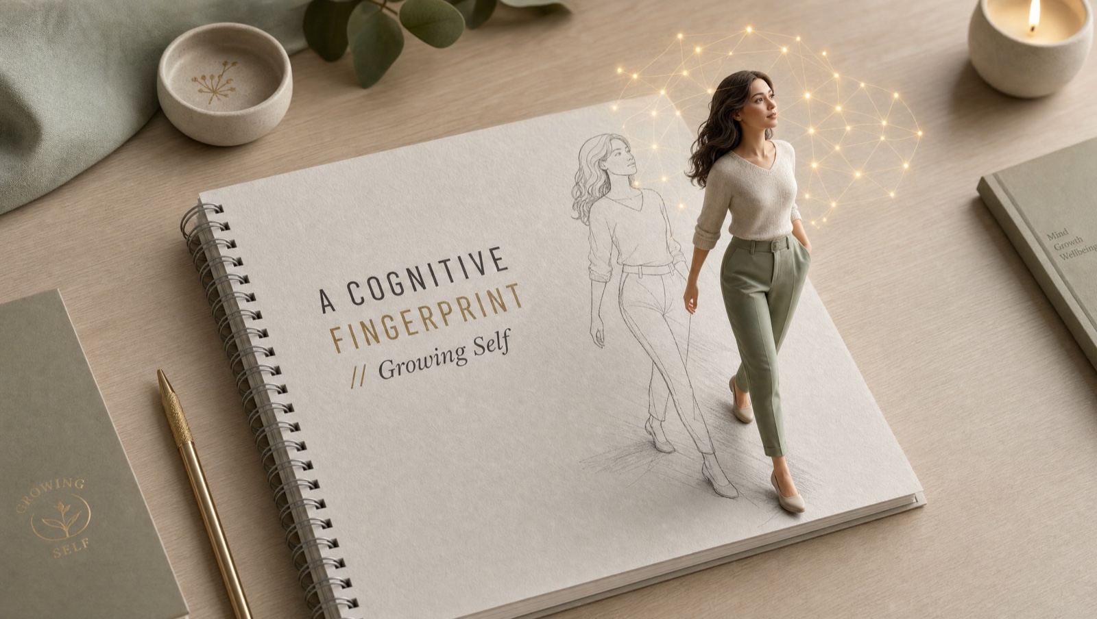 The Cognitive Fingerprint deliverable for Growing Self, shown as a notebook cover on a calm desk